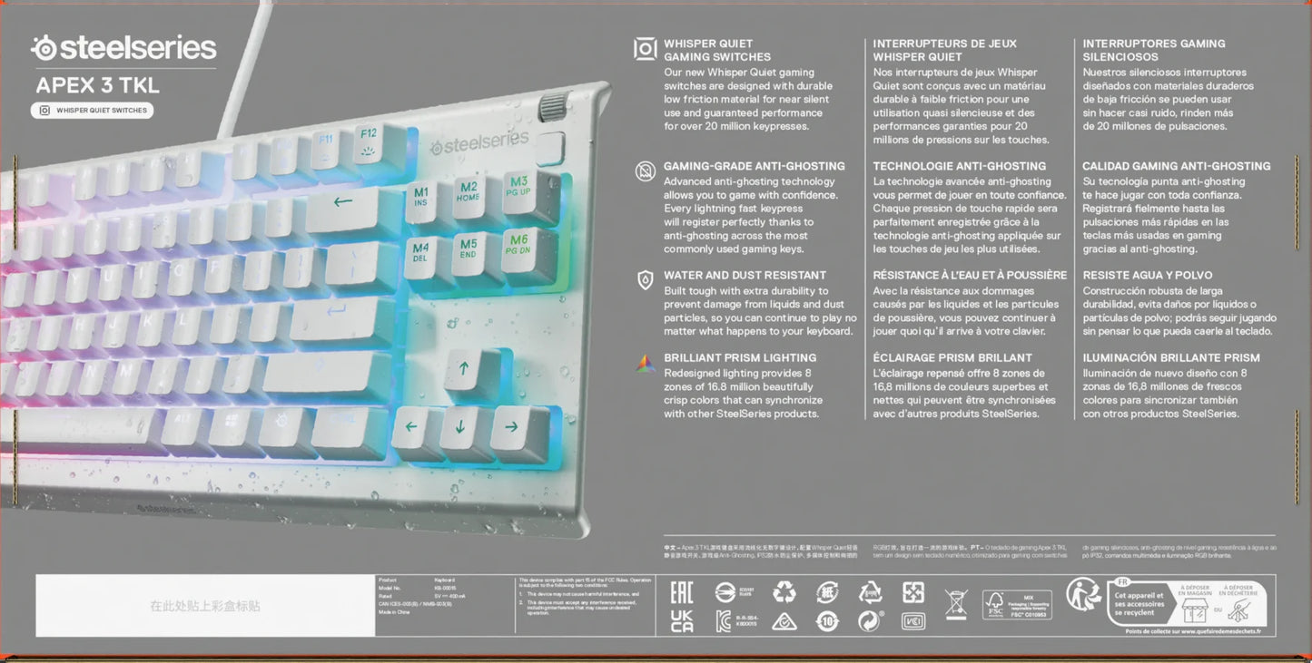 Apex 3 TKL RGB Wired Gaming Keyboard — Water and Dust Resistant — Whisper-Quiet Gaming Switch, White