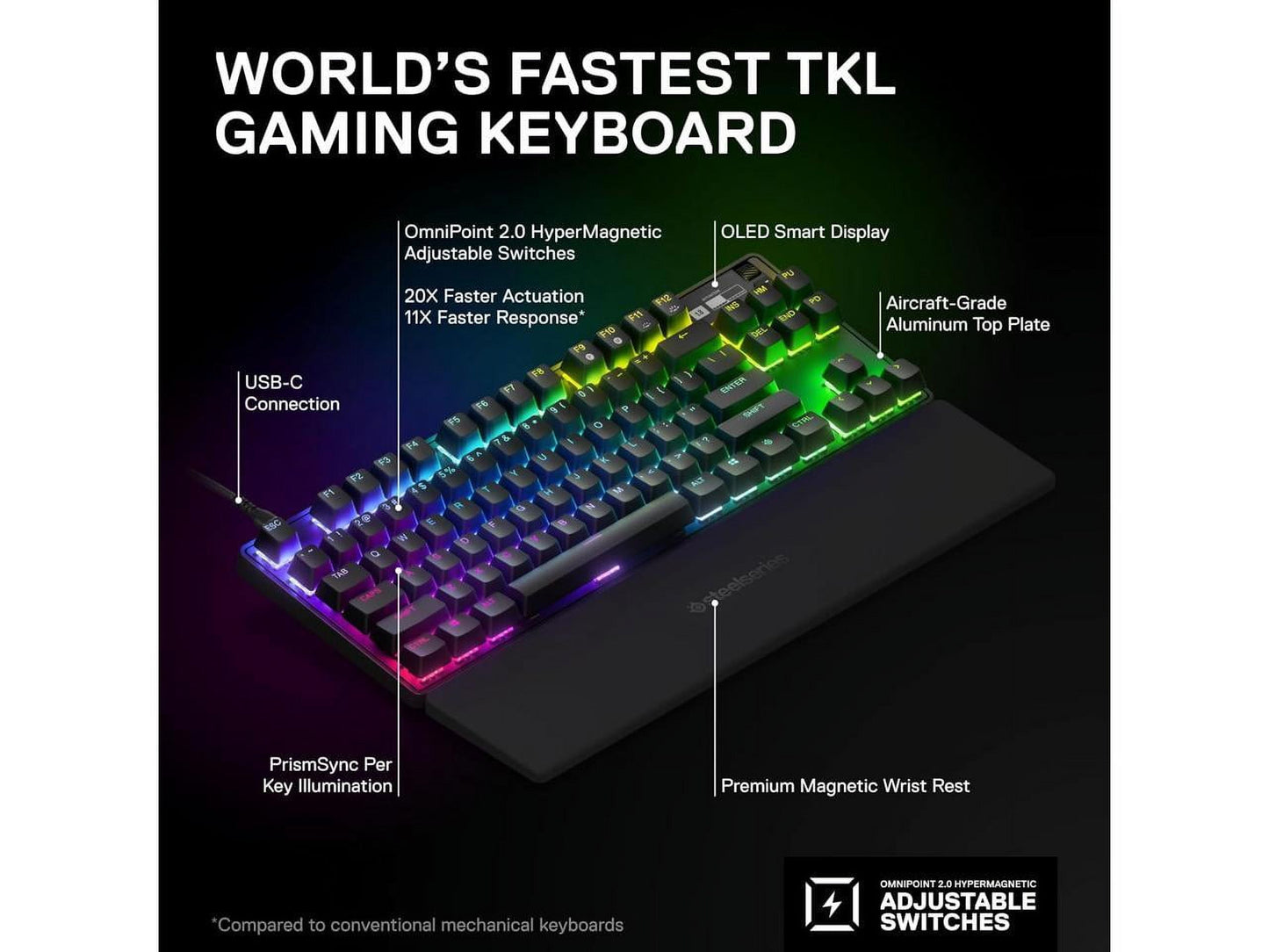 Apex Pro TKL Hypermagnetic Gaming Keyboard - World'S Fastest Keyboard - Adjustable Actuation - Esports Tenkeyless - OLED Screen - RGB - PBT Keycaps - USB-C - 2023 Edition,Black