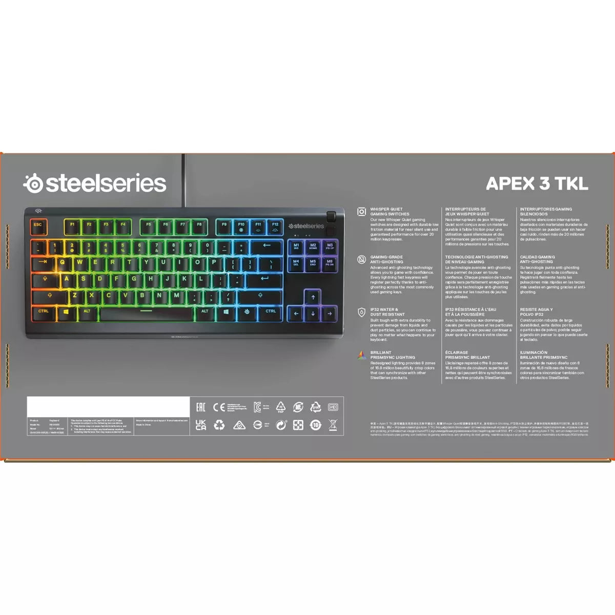 Steelseries Apex 3 TKL Wired Gaming Keyboard for PC: RGB Lighting, Water-Resistant, Compact