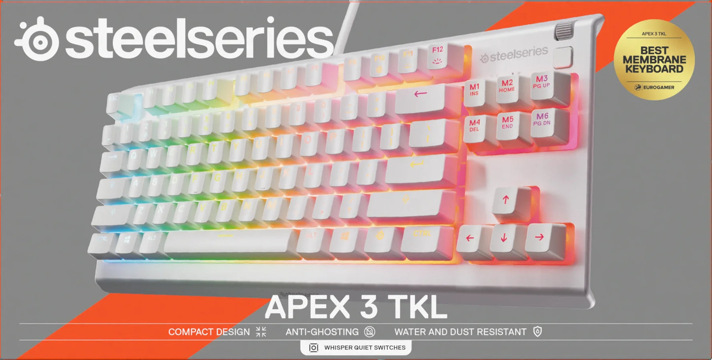 Apex 3 TKL RGB Wired Gaming Keyboard — Water and Dust Resistant — Whisper-Quiet Gaming Switch, White