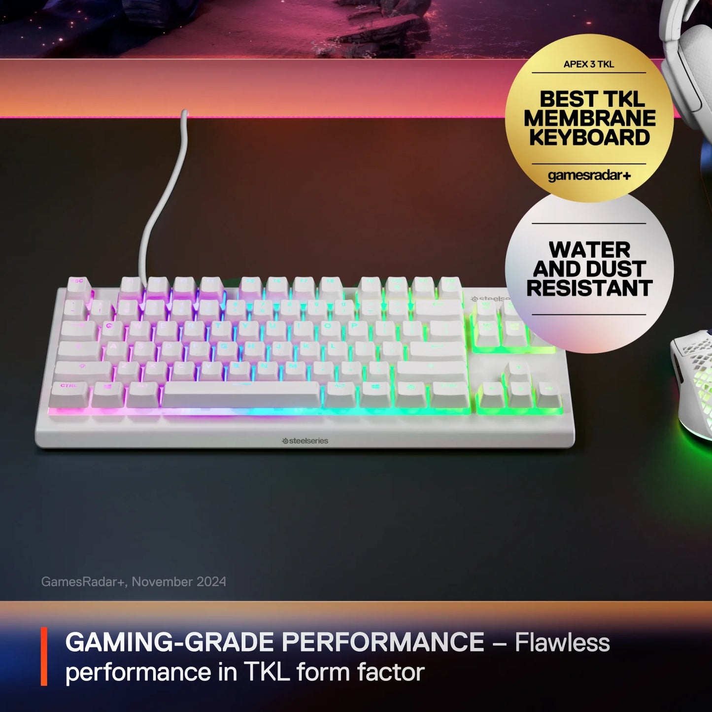 Apex 3 TKL RGB Wired Gaming Keyboard — Water and Dust Resistant — Whisper-Quiet Gaming Switch, White