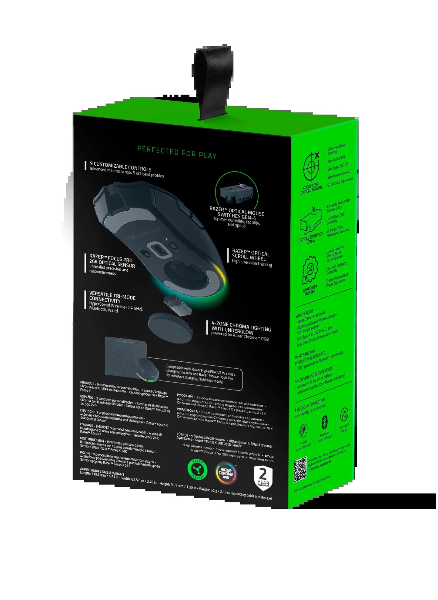 Cobra Hyperspeed - Lightweight Customizable Wireless PC Gaming Mouse, 2.4Ghz, Bluetooth, 62G, Black